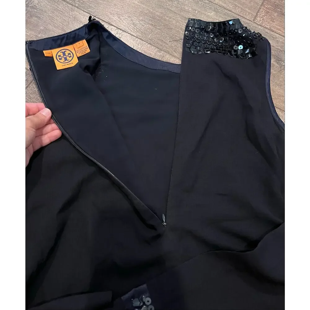 Tory Burch Navy Blue Silk Sleeveless Blouse Sequin Crystal Embellished Top